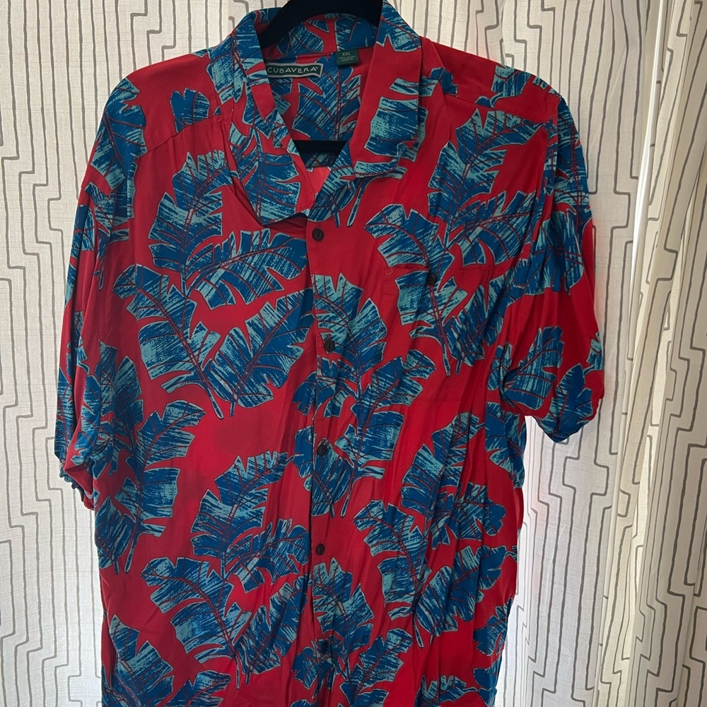 Cubavera Mens XXL Red Blue Tropical Banana Leaf Print Rayon Camp Shirt SS Button